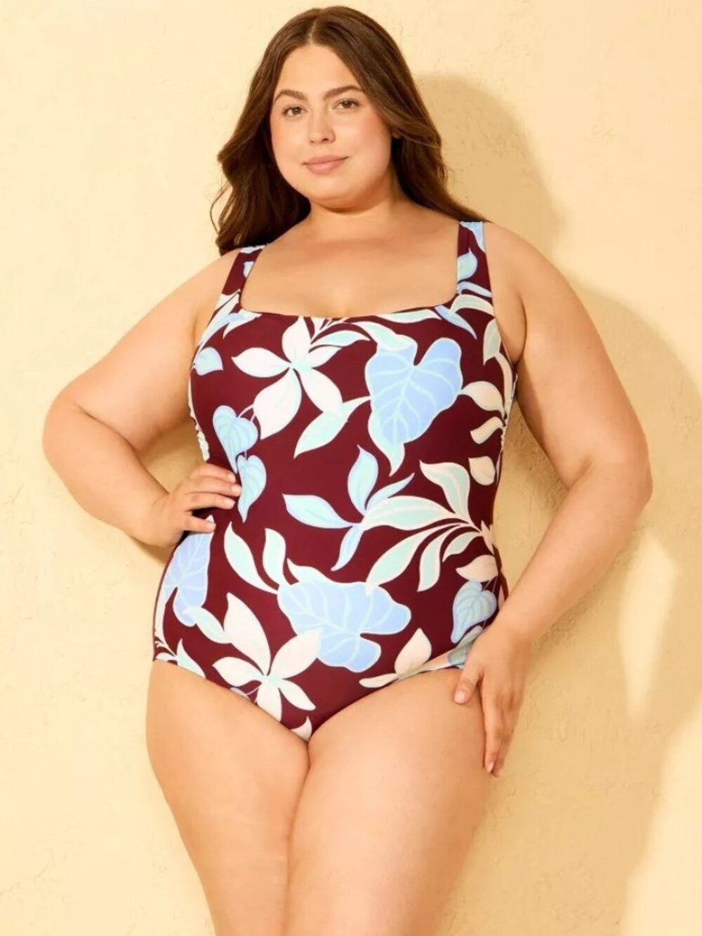 NEW Shade & Shore Tropical Print Tummy Control Square Neck Full Coverage Swimsui
